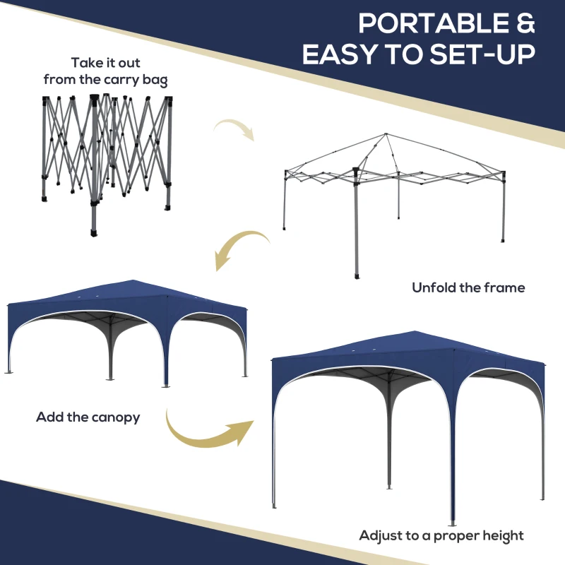 Outsunny Składany Pawilon, Regulowany, Metalowe Wsparcie, Mocna Tkanina, W Komplecie z Torbą, 2,95 x 2,95 x 2,55m, Granatowy
