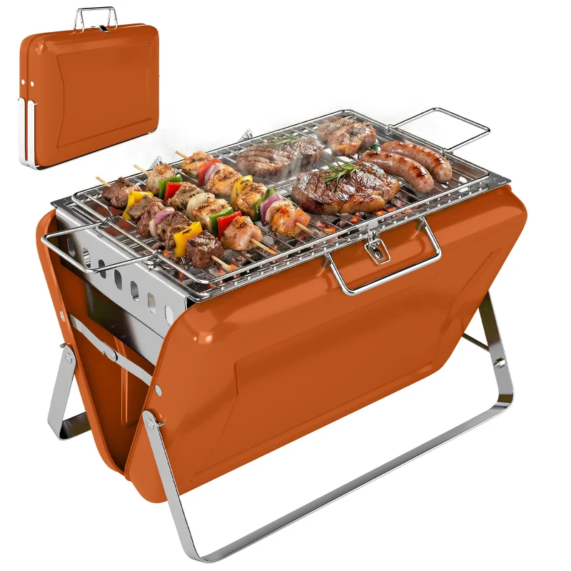 Outsunny Charcoal BBQ Grill Portable Stainless Steel Barbecue with Tilting Grate for Camping Picnic Garden Orange