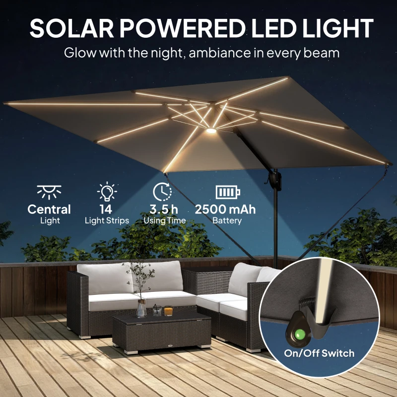 Outsunny 3 x 3 m Garden Cantilever Parasol w/ Light, Cover, UPF50+ Patio Umbrella w/ Wind Protection, 360° Rotation, Dark Grey