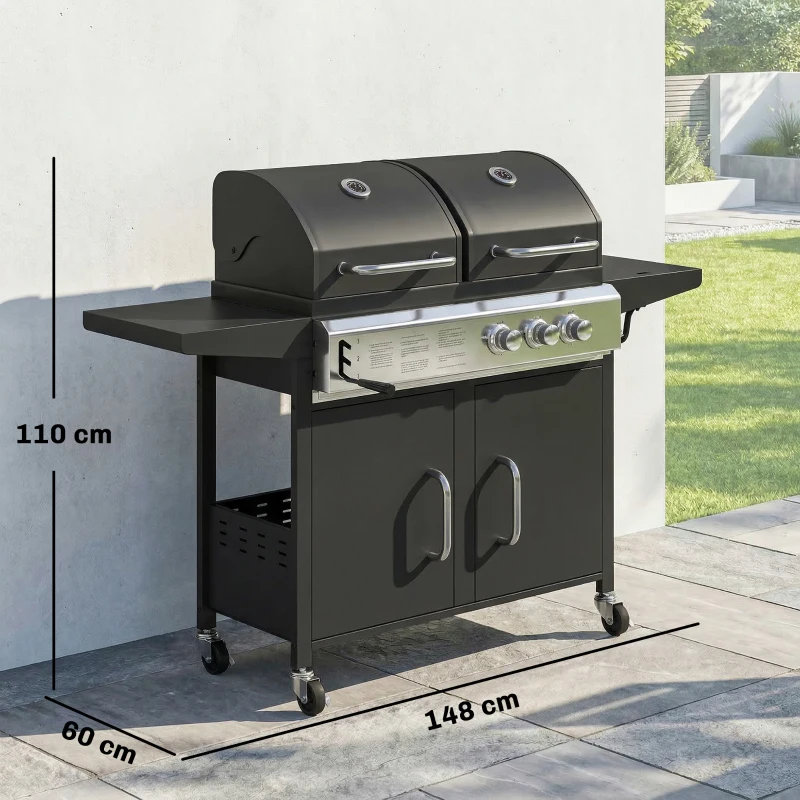 Outsunny 2+1 Burner Hybrid Dual Fuel BBQ Gas Grill, 2-in-1 Propane & Charcoal Barbecue Grill Smoker Combo with Wheels, Black