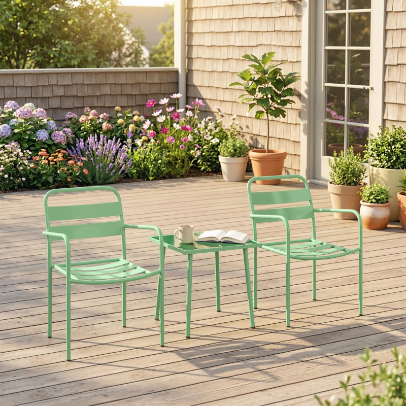Outsunny Ensemble bistrot de jardin 3 pièces - table basse en verre trempé et 2 chaises à lattes, cadre en acier galvanisé, vert