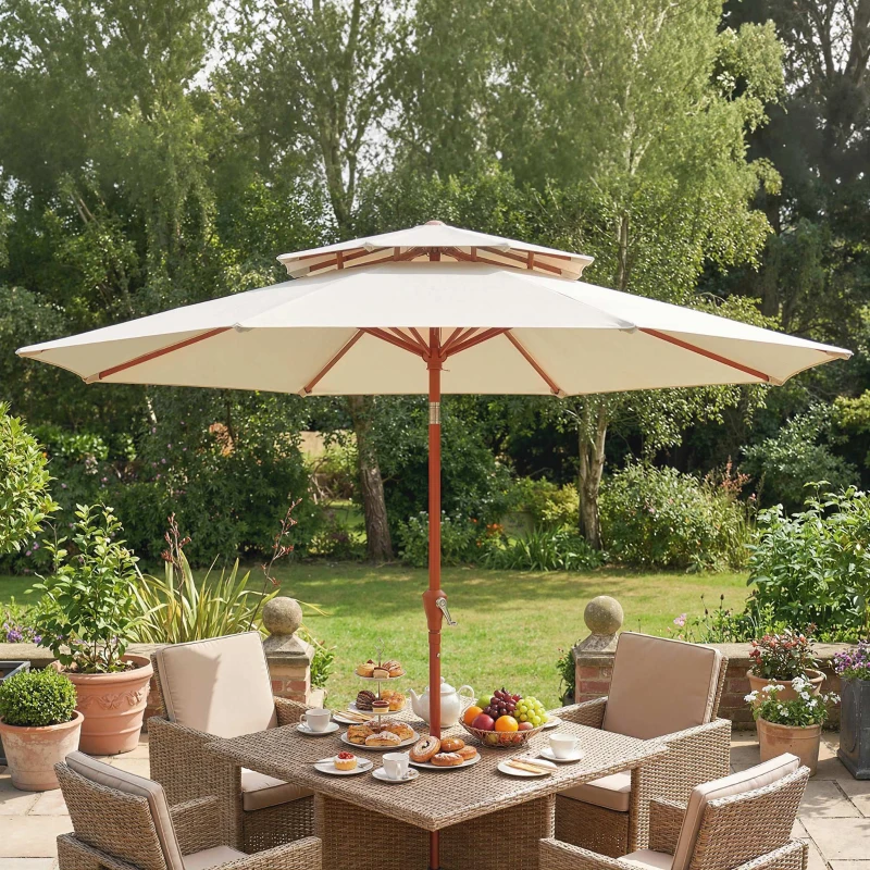 Outsunny 2.7 m Garden Parasol with Double Top Outdoor Market Table Umbrella with Crank System, Cream White