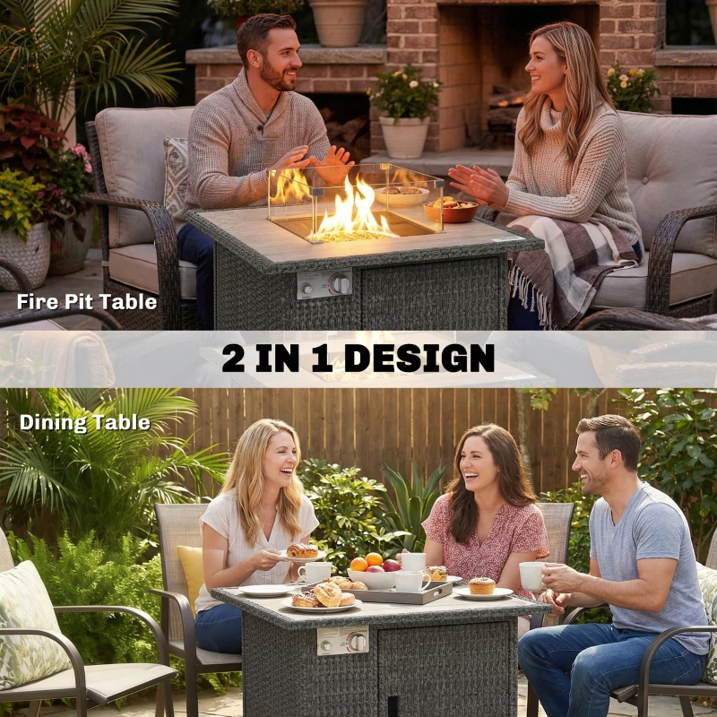 Outsunny 14.5 KW Rattan Gas Fire Pit Dining Table with Rain Cover, Wind Guard, Lid, Lava Rocks, Dark Grey