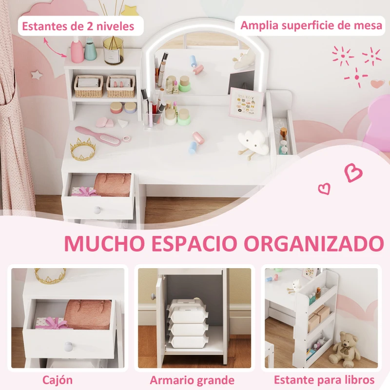 AIYAPLAY Tocador de Maquillaje Niña Tocador Infantil con Taburete y Espejo con Luces LED 1 Cajón Armario y 5 Estantes Blanco