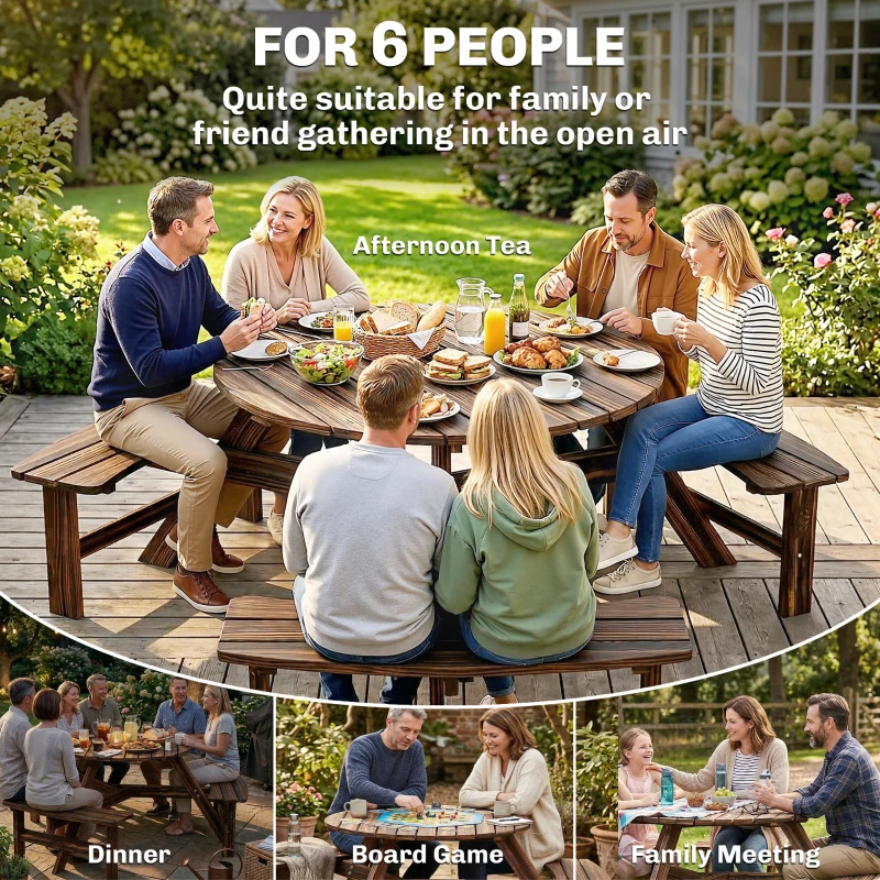 Outsunny Wooden Garden Dining Set, 6 Seater Round Dining Picnic Table with Matching Bench, Garden Furniture Set with Parasol Hole for Outdoor Patio Party and Family Gatherings, Carbonized