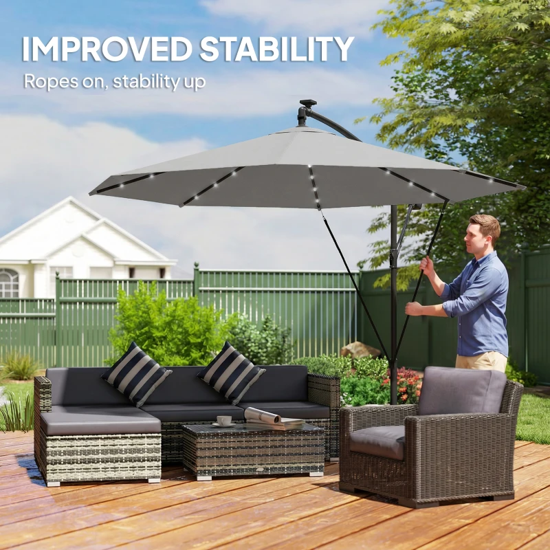 Outsunny 3 m Cantilever Parasol with Solar LED Lights Garden Umbrella with Cross Base, Light Grey