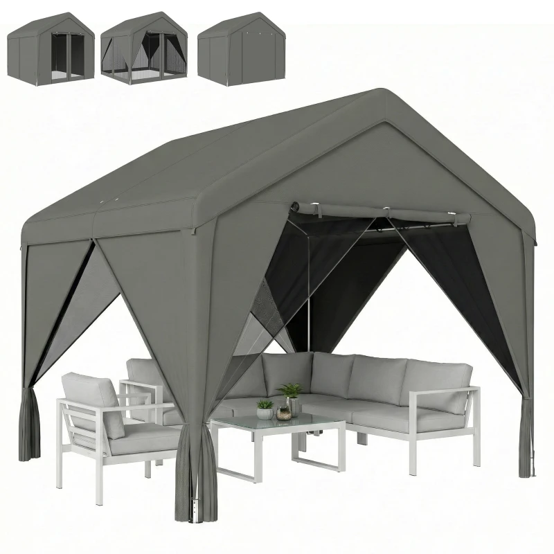 Outsunny 3 x 3 m Patio Gazebo with Netting & Curtains, Outdoor Canopy Shelter with Galvanised Steel Frame, Dark Grey