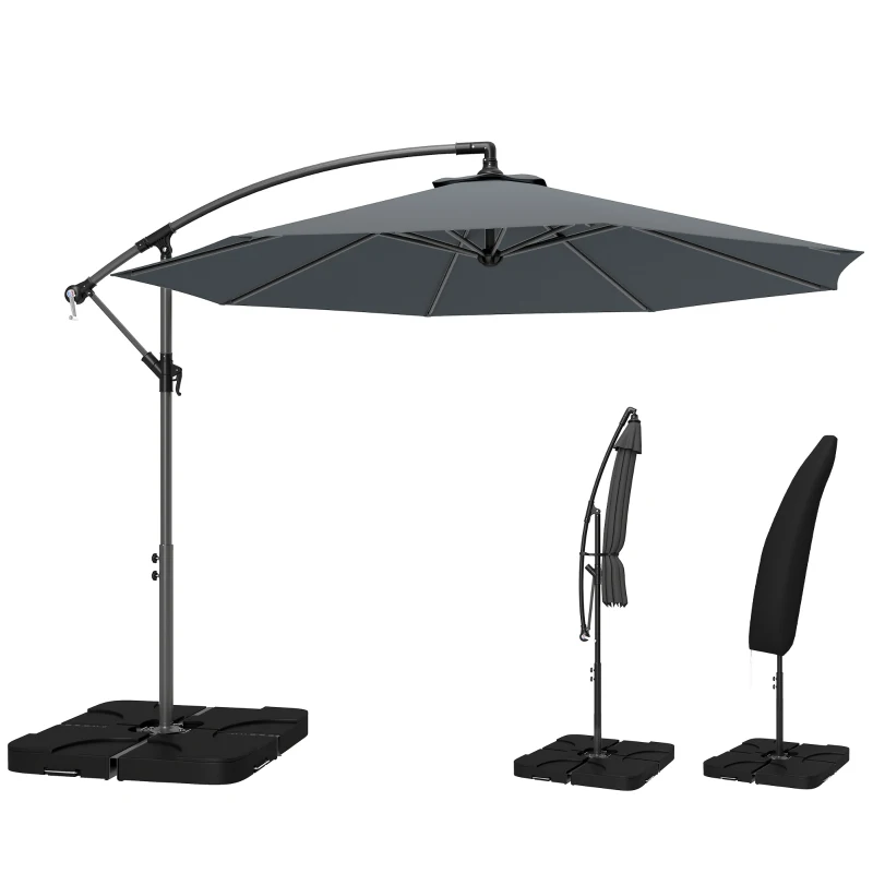 Outsunny 3m Overhanging Parasol, with Base, Weights and Cover - Dark Grey