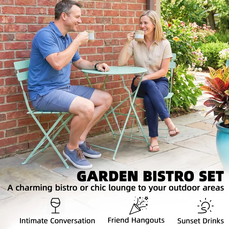 Outsunny Folding Garden Bistro Set, Outdoor Round Bistro Table and Chairs Set 2 with Electrophoresis Metal Frame, Light Green