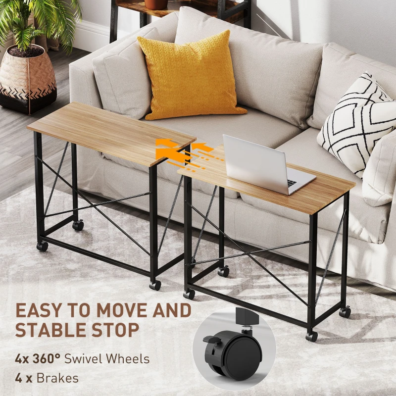 HOMCOM Small Folding Desk, 80 cm Foldable Computer Desk on Wheels for Small Space, Easy Assembly, Space Saving Writing Table for Home Office, Bedroom, Natural Tone