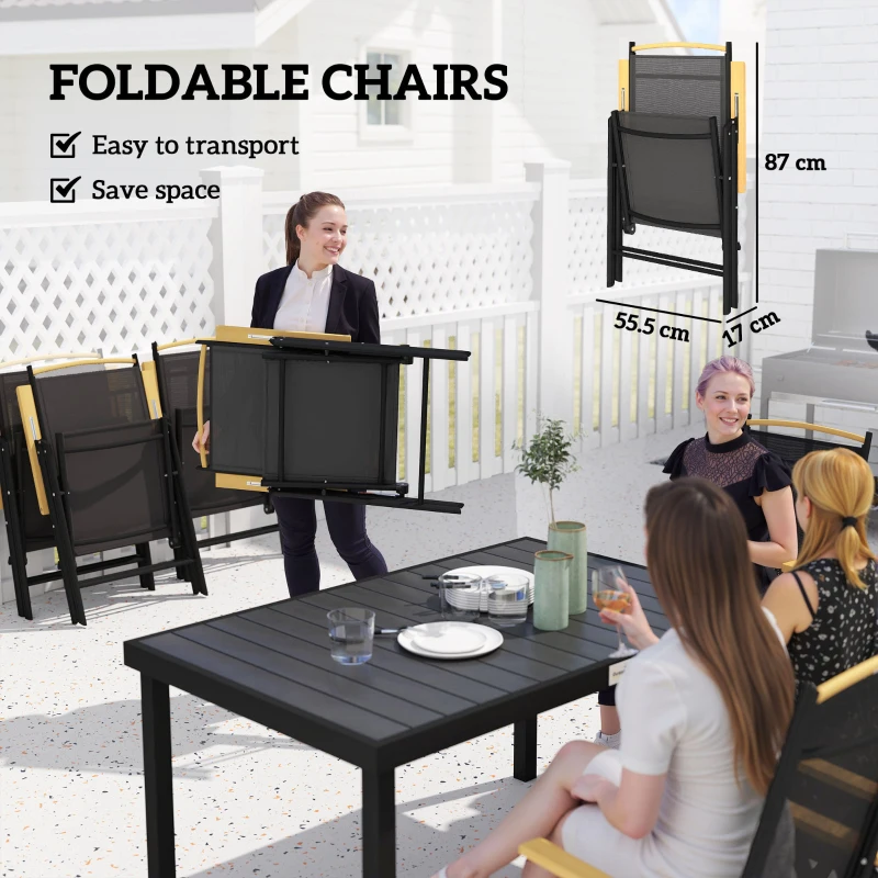 Outsunny Folding Dining Table Set for 6 People 1 Table+6 Chairs Patio Furniture Set Dining Set Aluminum Mesh Black