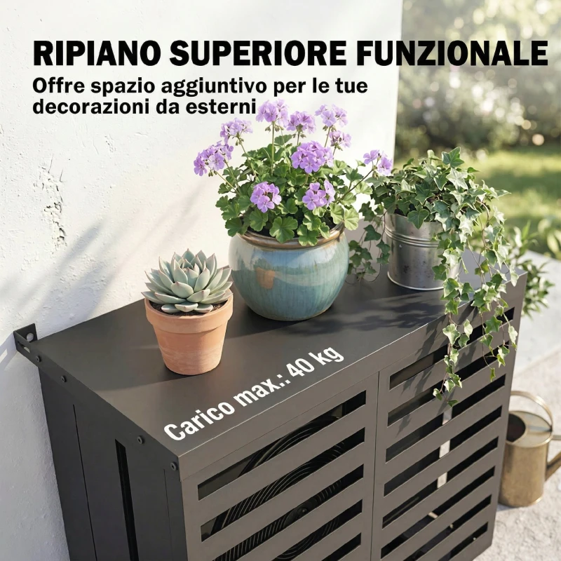 Outsunny Copertura per Condizionatore Esterno, in Acciaio Zincato, Recinzione con Doghe per Giardino, Grigio Scuro