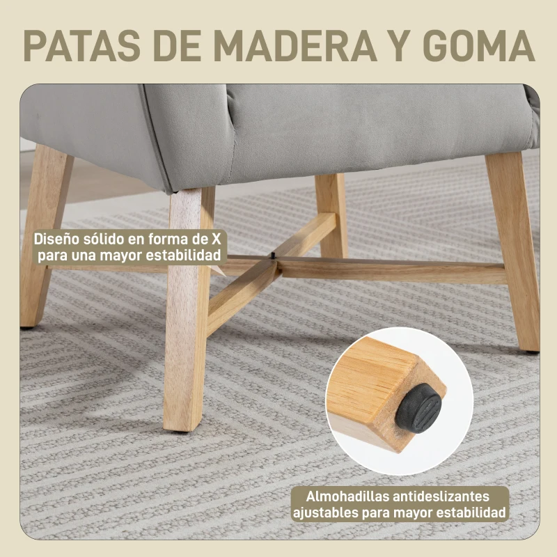 HOMCOM Butaca de Salón Tapizada en Terciopelo con Reposabrazos Acolchados y Patas de Madera Cruzadas 67x65x74 cm Gris Claro
