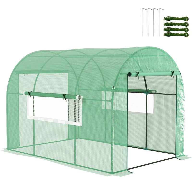 Outsunny Serra a Tunnel per Orto 3x2x2 m in Acciaio e PE Anti UV con Porte Avvolgibili e Finestre, Verde