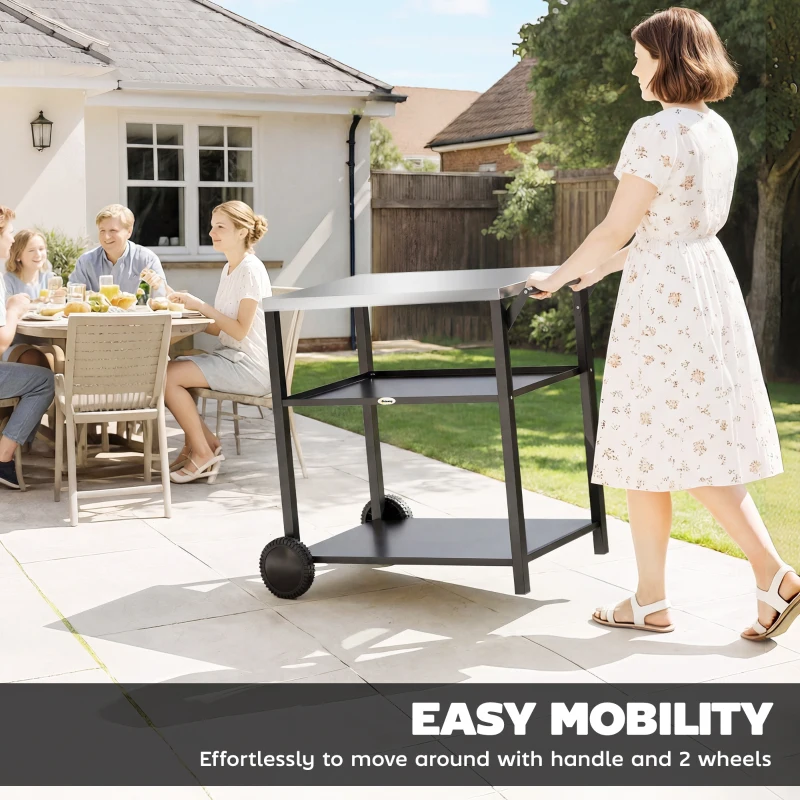 Outsunny Outdoor Grill Cart with Stainless Steel Tabletop for Kitchen Prep, Two-Tier Pizza Oven Stand on Wheels, Black
