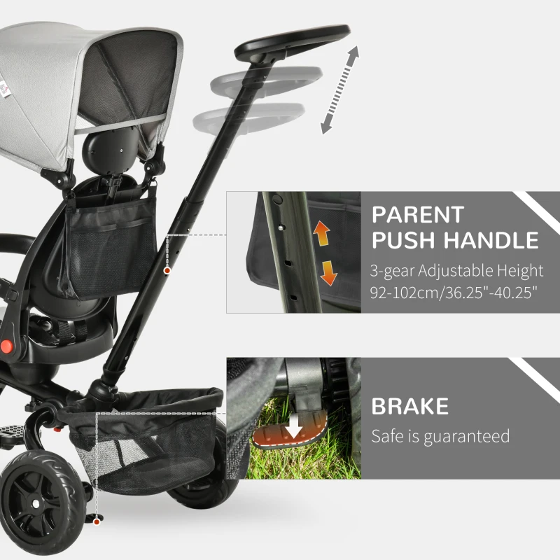 HOMCOM 4 in 1 Kids Trike Toddler Foldable Pedal Tricycle w/ Reversible Angle Adjustable Seat Removable Handle Canopy Belt Brake - Grey