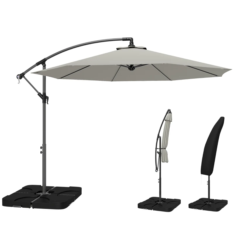 Outsunny 3m Overhanging Parasol, with Base, Weights and Cover - Light Grey