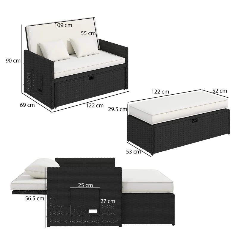 Outsunny Rattan Garden Daybed, Double Sun Lounger with 5-Level Adjustable Back, Storage Ottoman, Cream White