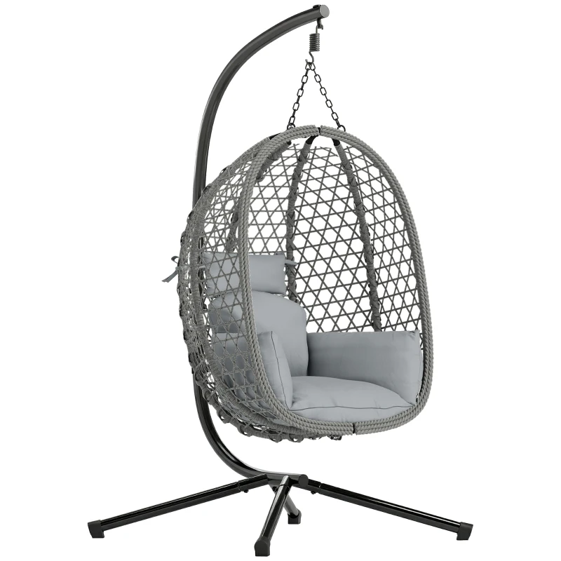 Outsunny Hanging Egg Chair, Indoor Outdoor Rattan Hammock Swing Chair with Stand, Safety Strap, Foldable Basket, Dark Grey