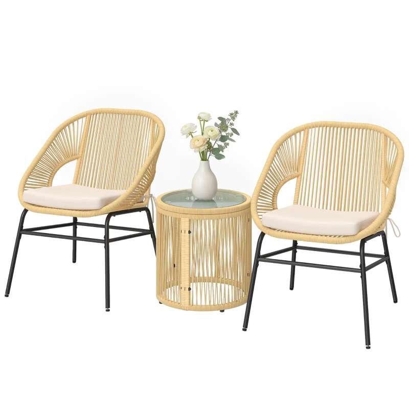 Outsunny Set da Bistrò da 3 Pezzi in Rattan e Acciaio con 2 Sedie, Tavolo Rotondo con Piano in Vetro Temperato, Beige