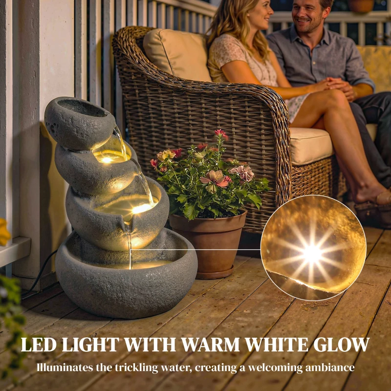 Outsunny 4-Tier Water Fountain Outdoor, Garden Water Feature with LED Lights and Pump, Freestanding Resin Waterfall for Patio