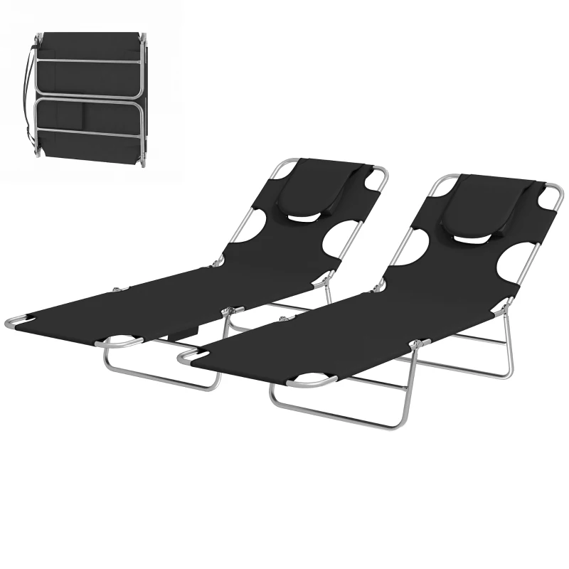 Outsunny 5-Position Adjustable Sun Loungers Set of 2 with Reading Hole and Side Pocket, Black