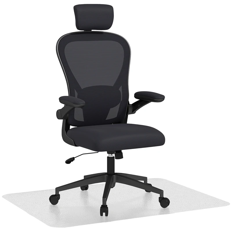 HOMCOM Conjunto de Cadeira de Escritório com Altura Ajustável Apoio de Cabeça e Suporte Lombar Ajustáveis Preto e 1 Tapete Protetor 90x120 cm Transparente