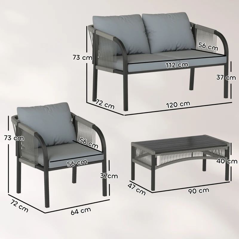 Outsunny 4 Piece Rattan Garden Furniture Set with Loveseat, Armchairs, Table, Steel Frame Wicker Patio Conversation Set, Grey