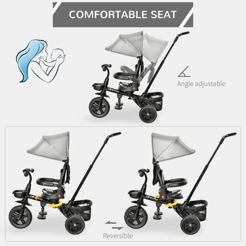 HOMCOM 4 in 1 Kids Trike Toddler Foldable Pedal Tricycle w/ Reversible Angle Adjustable Seat Removable Handle Canopy Belt Brake for 1-5 Years - Grey