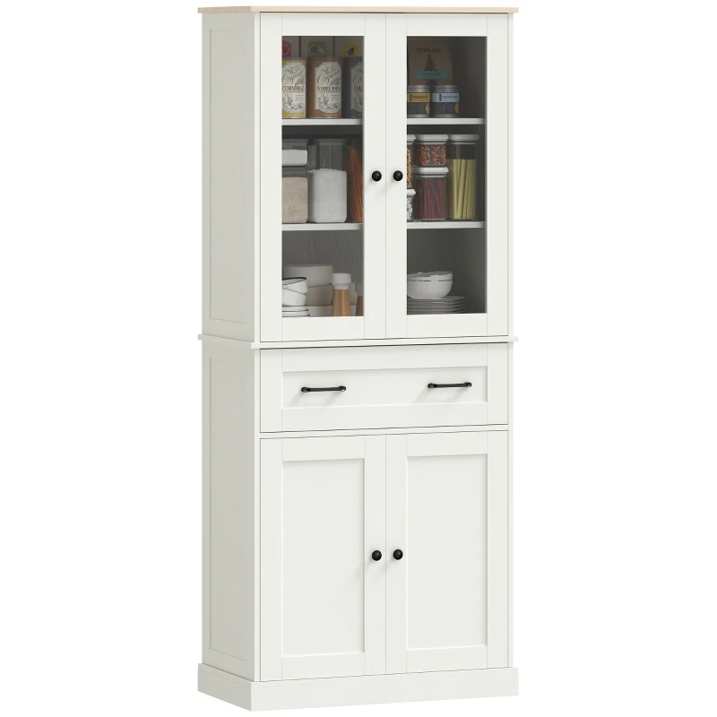 HOMCOM Armário de Cozinha com 2 Portas de Acrílico Gaveta Grande e Prateleiras Ajustáveis 76x40x182,5 cm Creme
