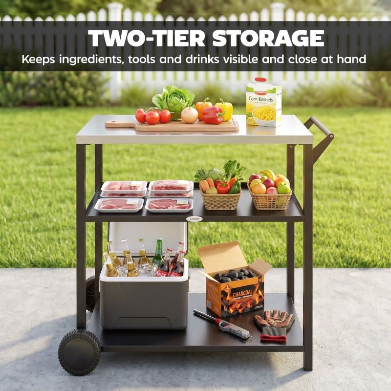 Outsunny Outdoor Grill Cart with Stainless Steel Tabletop for Kitchen Prep, Two-Tier Pizza Oven Stand on Wheels, Black