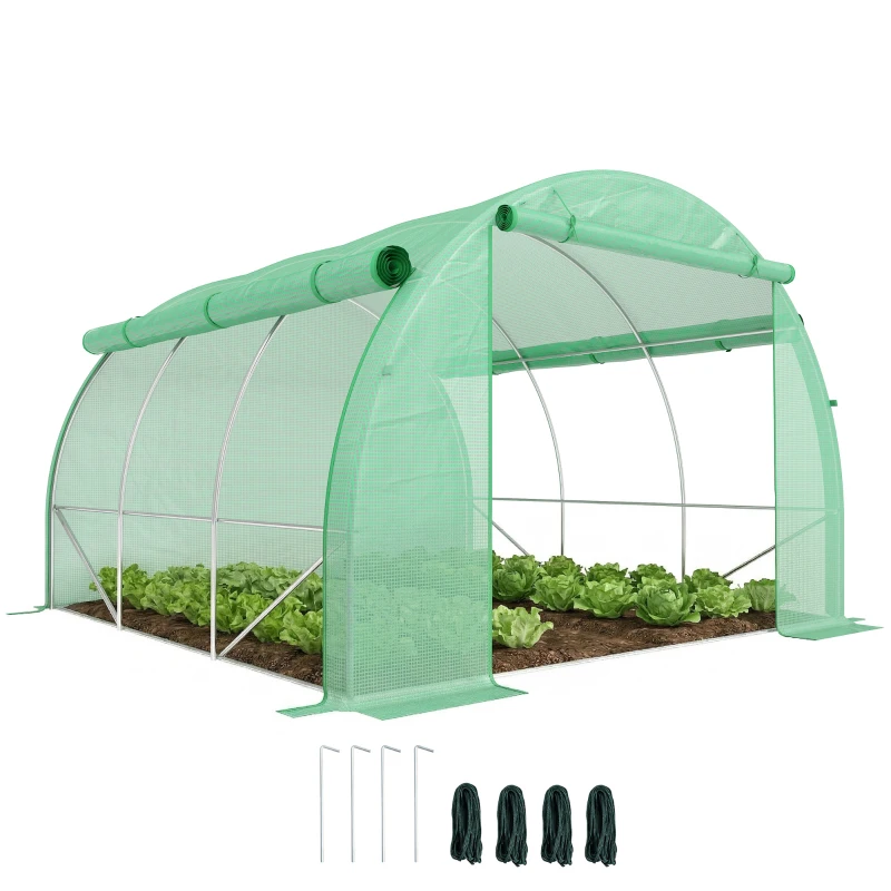 Outsunny Polytunnel Greenhouse Walk-in Grow House Tent with Roll-up Sidewalls, Zipped Door and 6 Windows, 3x3x2m Green