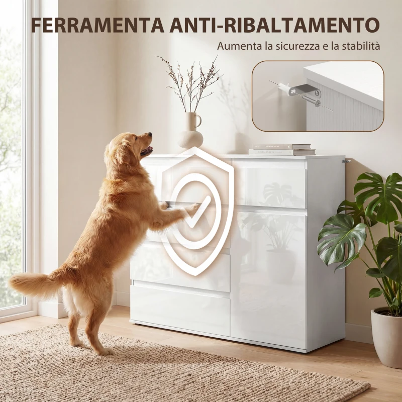 HOMCOM Credenza, Mobile con 5 Cassetti, Ripiano Regolabile, Bianco Lucido.