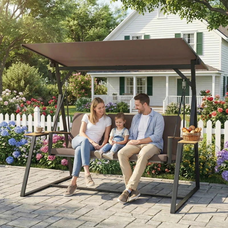 Outsunny Leagăn de grădină cu 3 locuri, cu copertină reglabilă, cadru metalic, suporturi pentru pahare, perne moi, greutate suportată 360 kg, pentru terasă sau balcon, 222x131x175 cm, maro