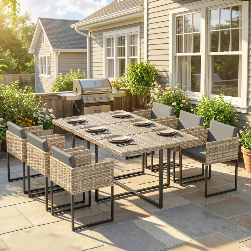 Outsunny 7 Piece Rattan Garden Furniture Set, Garden Dining Set with Wood-Plastic Table and 6 Stackable Chairs, Light Brown