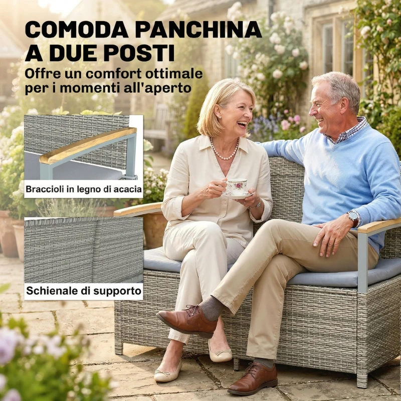 Outsunny Panca Giardino 170L, 2 Posti Rattan con Cuscino, Grigio Chiaro