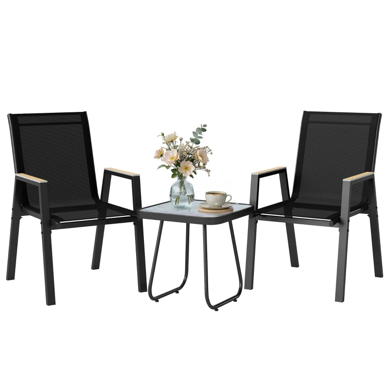 Outsunny Conjunto de Jardín de 3 Piezas con 2 Sillas de Textilene Mesa de DPC Efecto Madera para Patio Balcón Negro