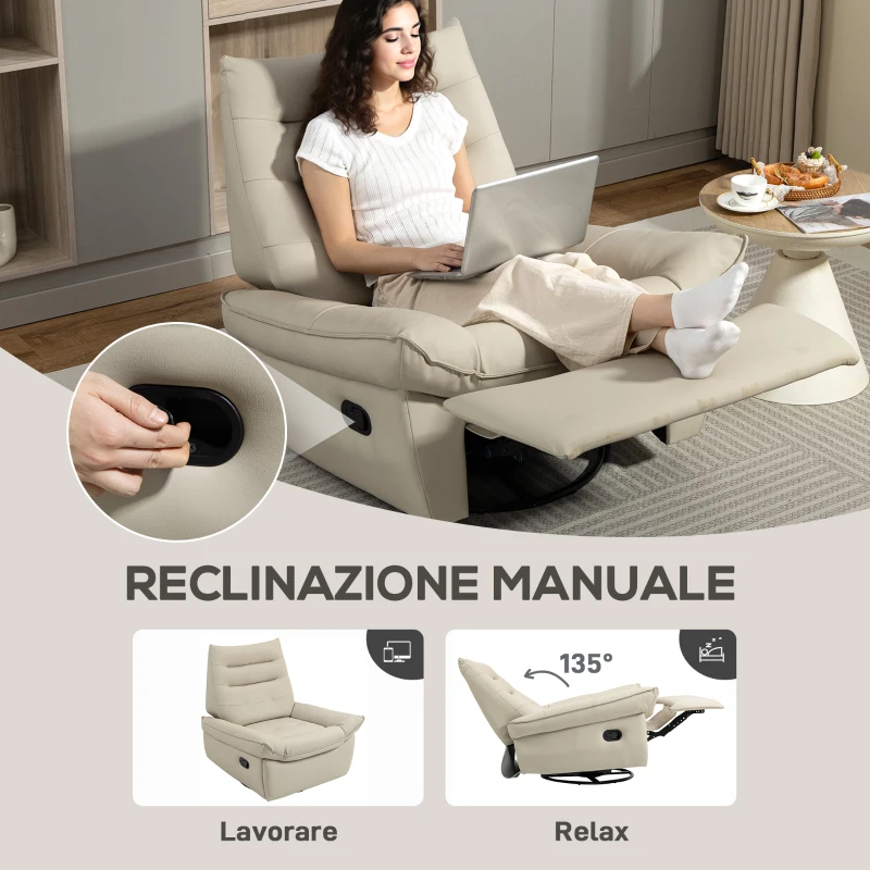 HOMCOM Poltrona Relax Reclinabile Manualmente con Poggiapiedi e Base Girevole Senza Braccioli, Crema