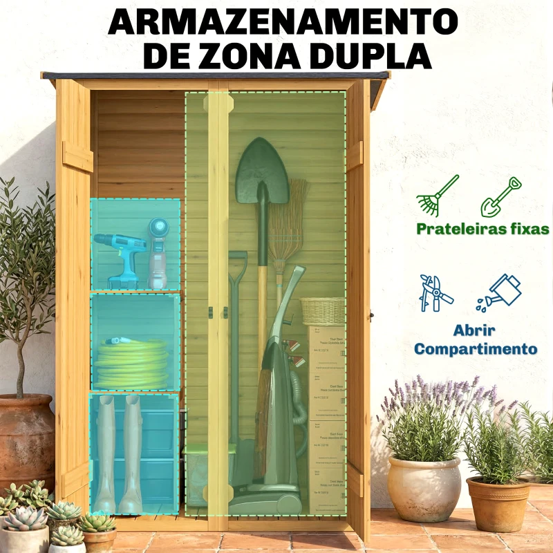 Outsunny Abrigo de Jardim de Madeira 115x53x156 cm Armário Exterior para Ferramentas com Portas Duplas Castanho