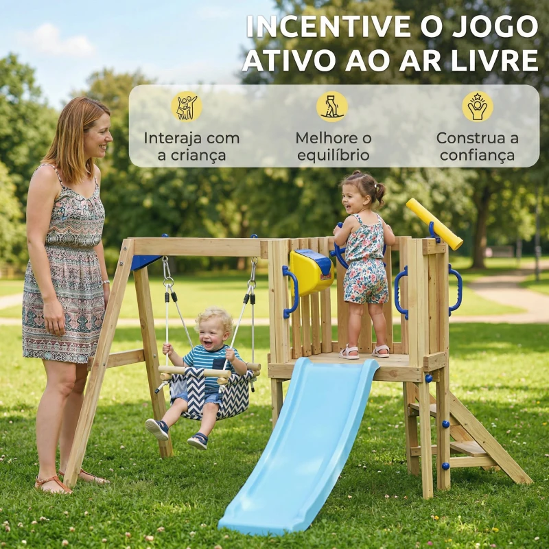 AIYAPLAY Baloiço e Escorrega Infantil Exterior de Madeira com Volante e Telescópio para Crianças de 18-48 Meses Madeira
