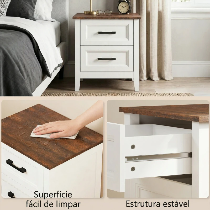 HOMCOM Mesa de Cabeceira Mesa de Cabeceira com 2 Gavetas Estilo Rústico 45x30x50 cm Branco