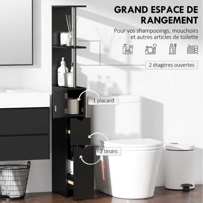 HOMCOM Meuble colonne salle de bain armoire de salle de bain avec tiroirs étagères ouvertes placard 15 x 33 x 136,8 cm noir