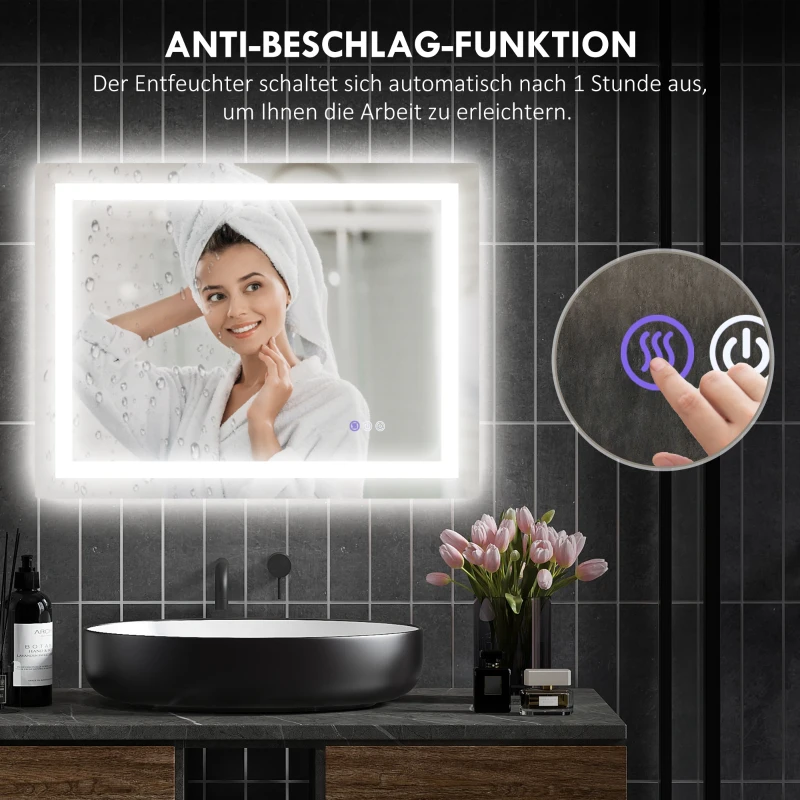 HOMCOM LED-Badezimmerspiegel, Front- und Rückbeleuchtung, Smart-Touch, Entnebelung, 80x60 cm