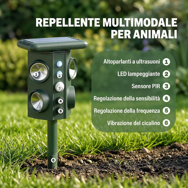 Outsunny Repellente Solare Ultrasonico per Gatti con 5 Modalità, Sensore PIR e Flash LED