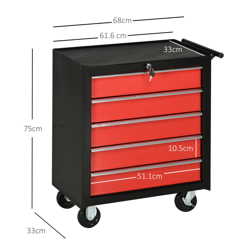 HOMCOM 5-Drawer Tool Chest with Wheels, Steel Lockable Tool Storage Cabinet with Handle, 2 Keys for Garage, Workshop, Red