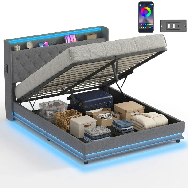 HOMCOM 5ft King Bed Frame with Headboard, Platform Bed Frame with Hydraulic Storage, LED Lights and Charging Station, Grey