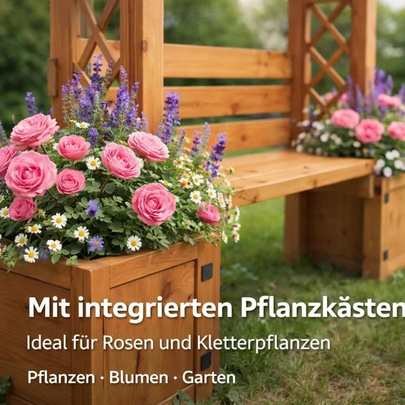 Pergola-Bank mit Pflanzkästen und geschwungenem Rankgitter, dreifach-Funktion: Sitzbank, Pflanzkübel und Rankhilfe, 160 x 30,5 x 160 cm, Naturfarbe