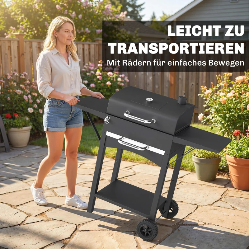 Outsunny Holzkohlegrill mit Deckel, BBQ Smoker Grill mit 2 Seitentischen Große Grillfläche Grillrost Thermometer Räder