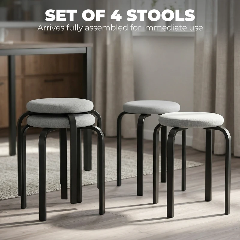 HOMCOM Zestaw sztaplowalnych stołków 4 szt., nowoczesne tapicerowane okrągłe stołki bez oparcia do kuchni, jadalni, szary