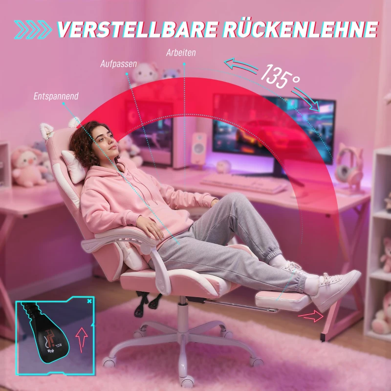 Vinsetto Ergonomischer Gaming-Stuhl, Katzenohren-Gamer-Stuhl aus Kunstleder mit Lendenstütze, Fußstütze, Kopfstütze, Rosa